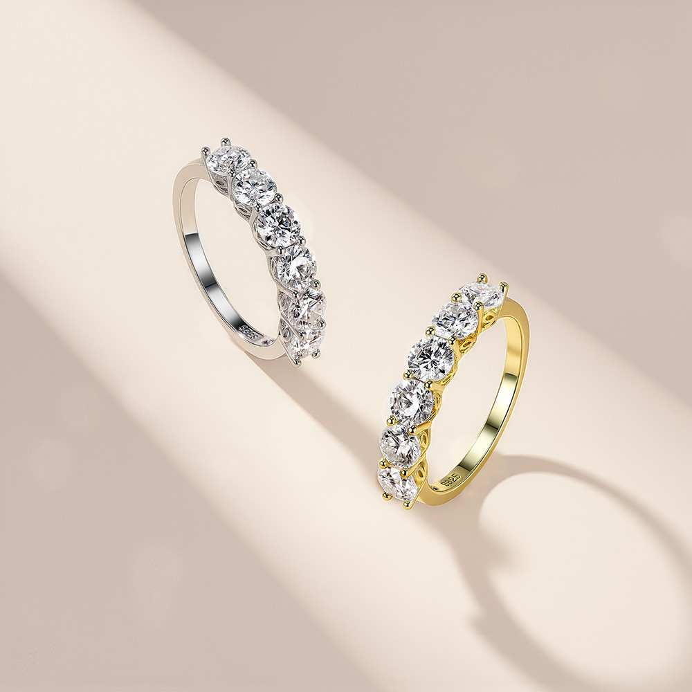 S925 Sterling Silver 7 Stones Moissanite Band Ring, Half Eternity Stackable Ring