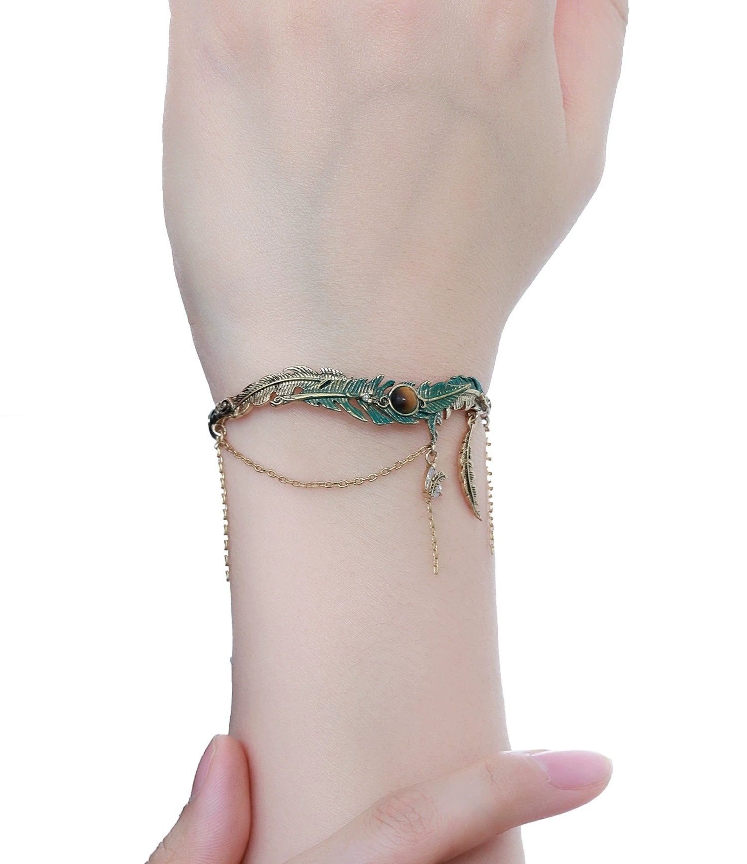Vintage Gold Enamel Feather Tiger's Eye Bangle | Original Chain Tassel Retro Statement Bracelet