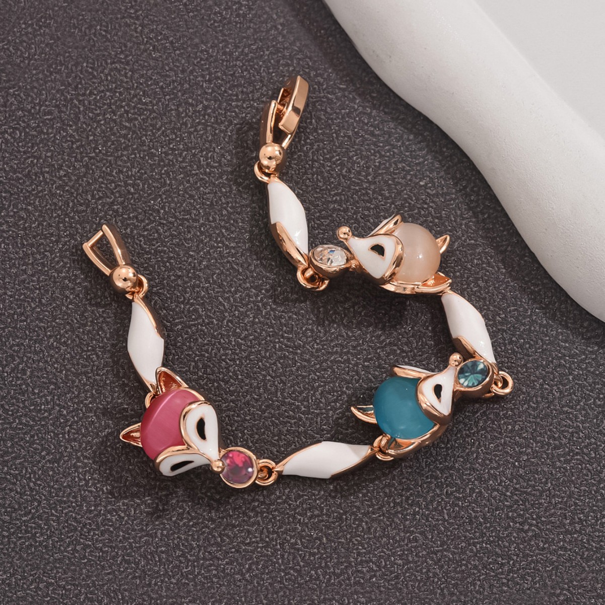 Rose Gold Cute Fox Charm Bracelet with Luminous Cat's Eye Stone