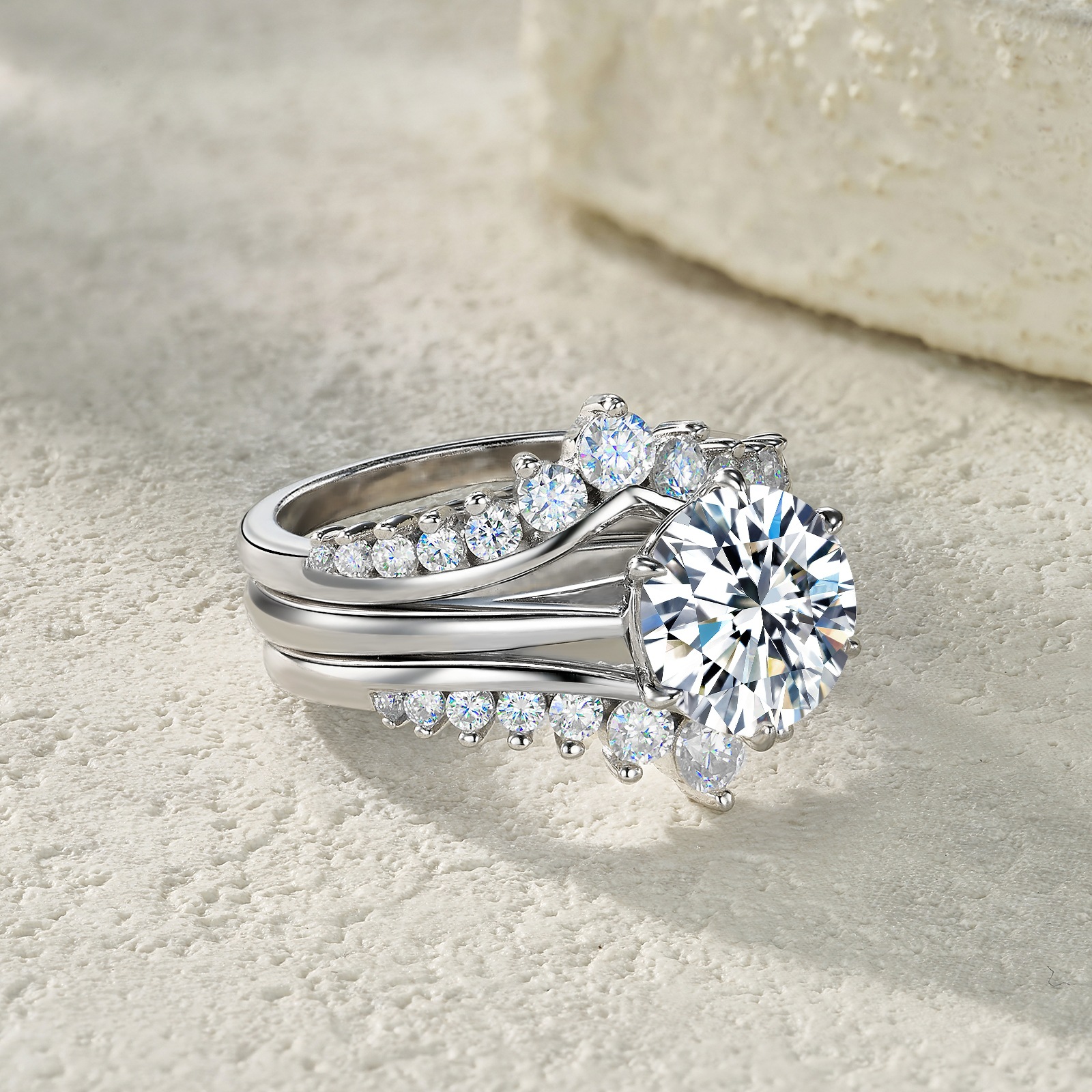 S925 Sterling Silver 3 Carat Moissanite Three Stackable Ring Set