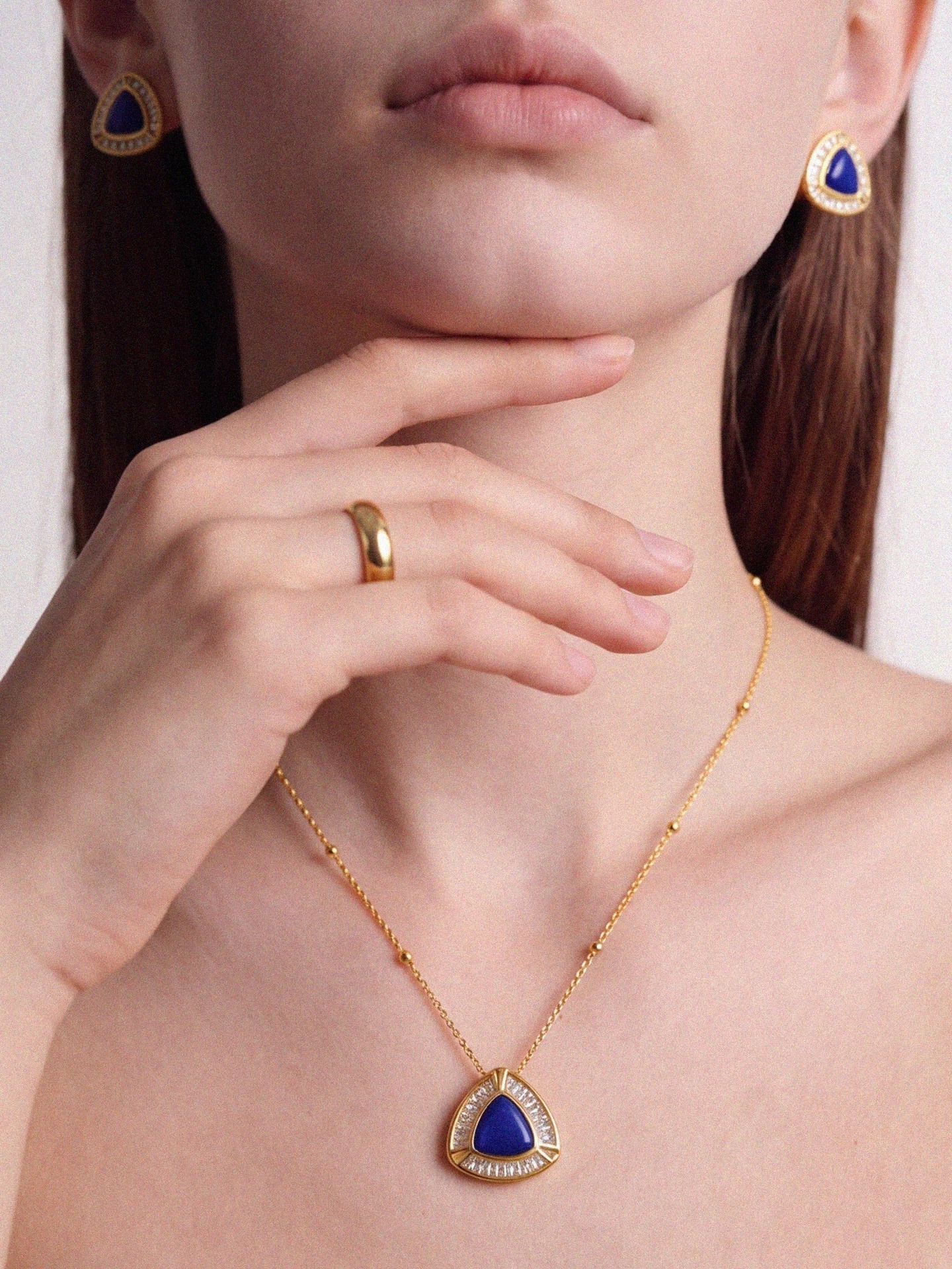 Natural Lapis Lazuli Triangle Pendant Necklace | Designer K-Gold Light Luxury Minimalist Necklace