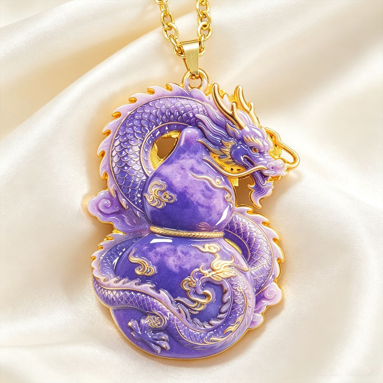 Purple Dragon Gourd Pendant Necklace, Spirit Dragon Calabash Amulet, Vintage Chinese Lucky Charm, Gold Trim Spiritua