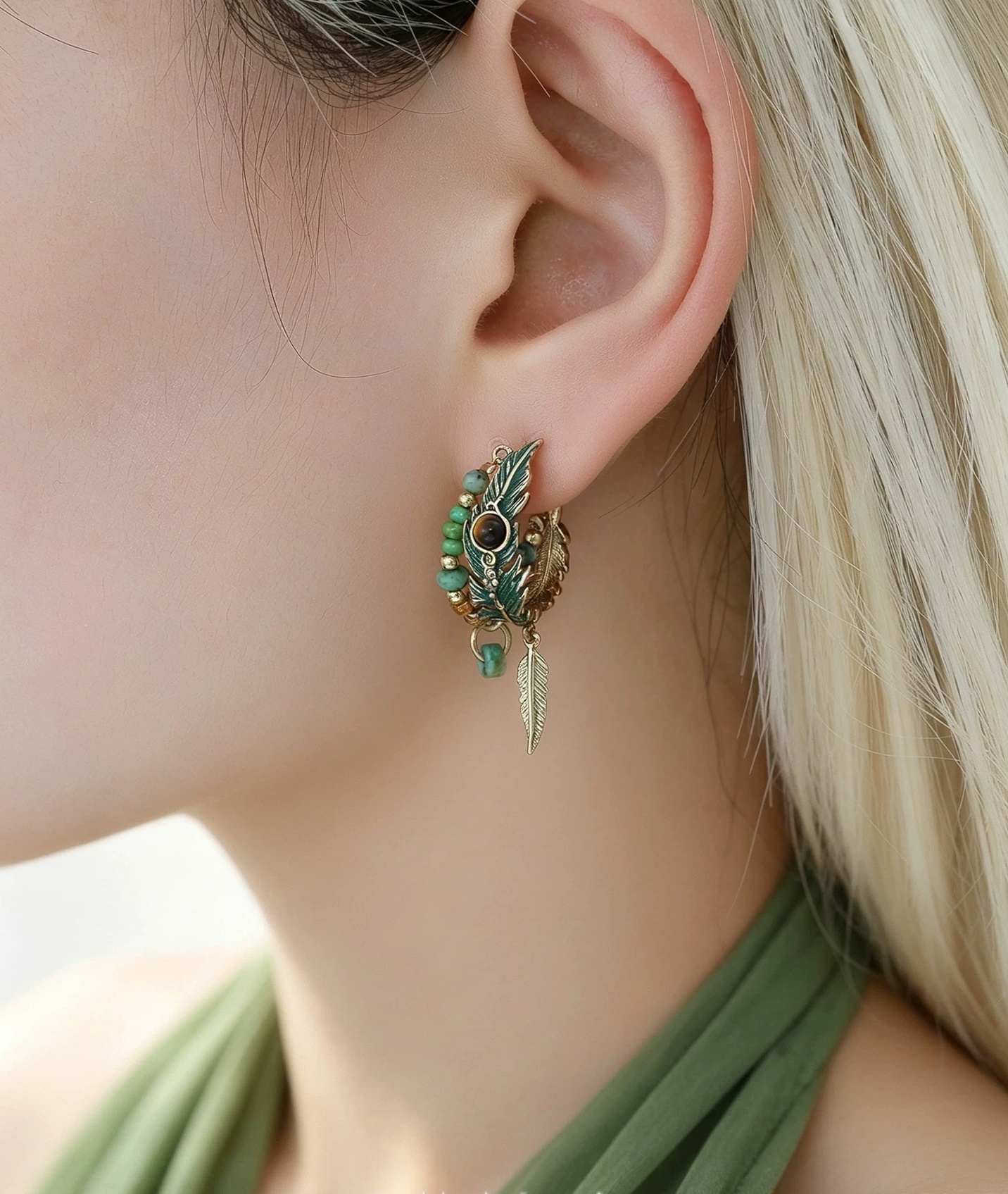 Vintage Green Peacock Feather Enamel Hoop Earrings | Bohemian Exotic Vacation Beaded Drop Earrings