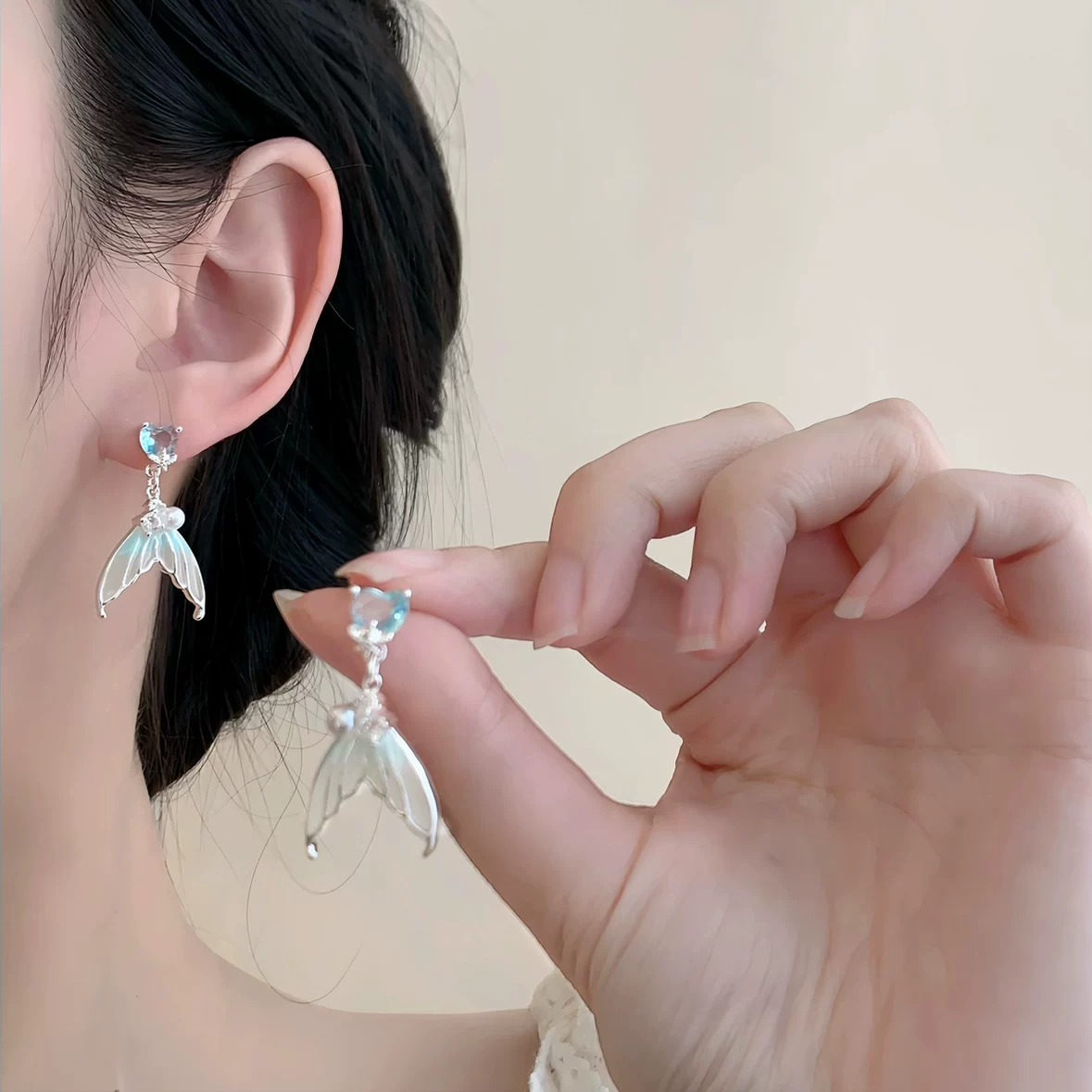 Mermaid Princess Gradient Blue Fishtail Stud Earrings | Light Luxury Silver-Plated Delicate Earrings for Women