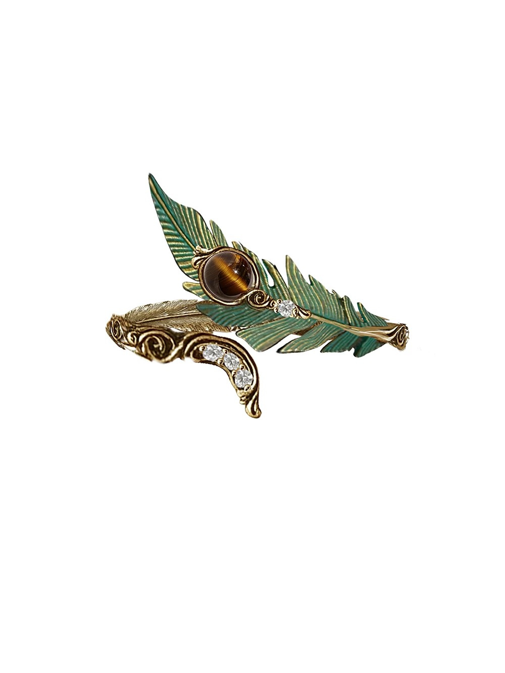 Vintage Peacock Feather Tiger's Eye Open Ring | Designer Gold Enamel Adjustable Statement Ring