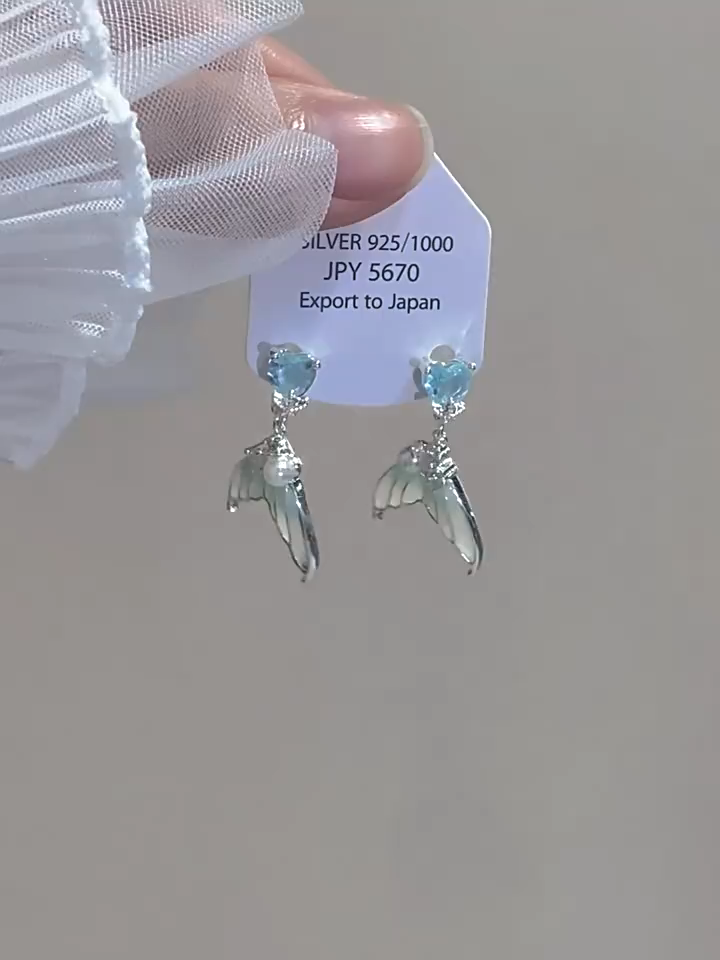 Mermaid Princess Gradient Blue Fishtail Stud Earrings | Light Luxury Silver-Plated Delicate Earrings for Women