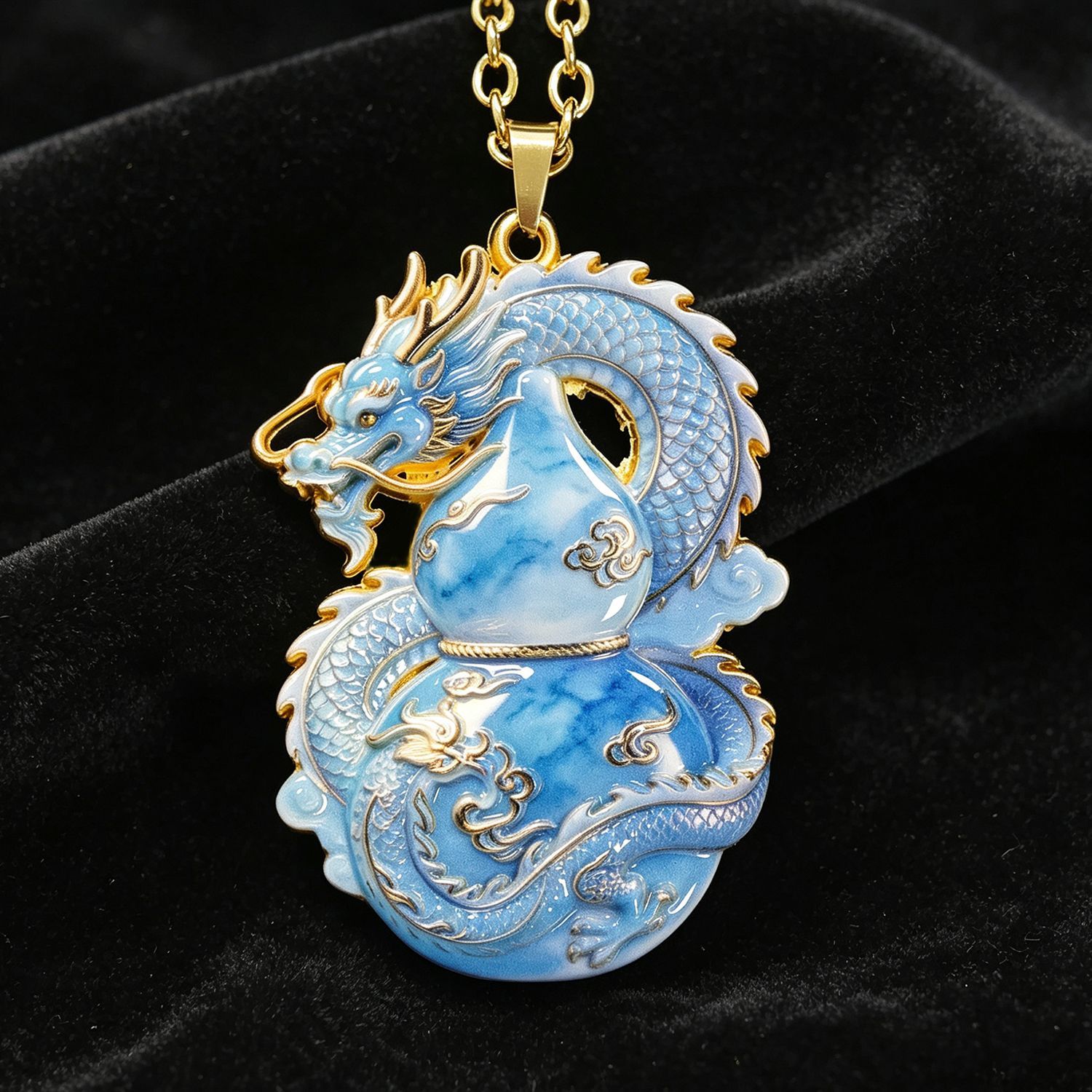 Blue Sea Dragon Gourd Pendant Necklace, Spirit Dragon Calabash Amulet, Oriental Lucky Charm, Gold Trim Spiritual Protection Jewelry 
