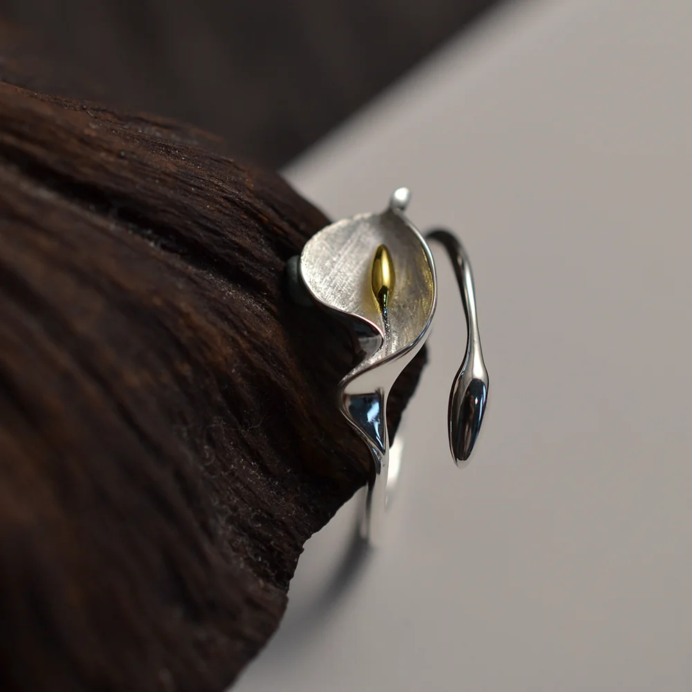 S925 Sterling Silver Calla Lily Flower Open Ring, Vintage Adjustable Flower Band Ring for Women