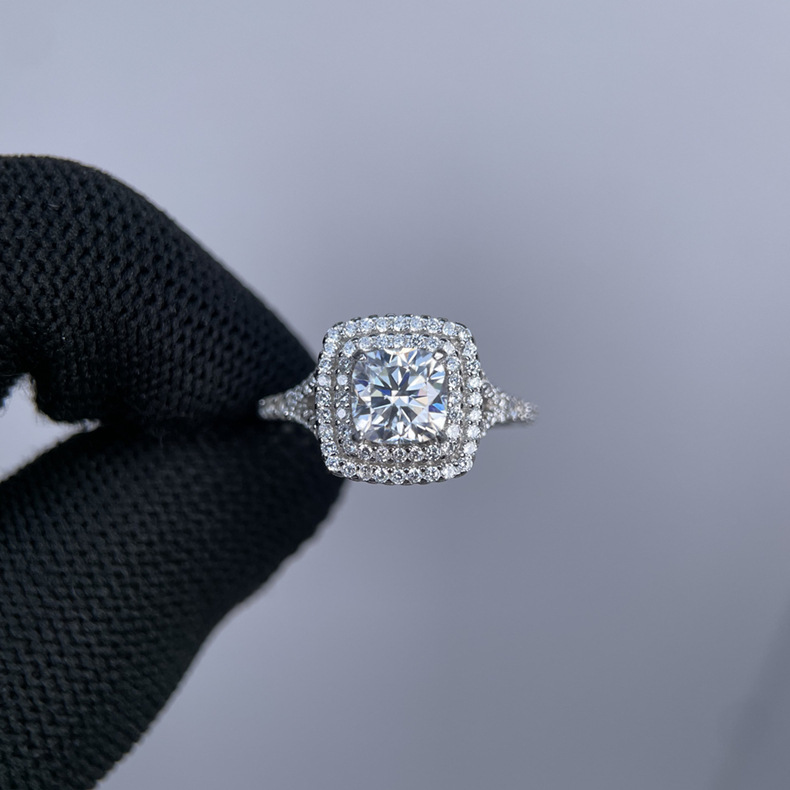 Moissanite Halo Engagement Ring, S925 Sterling Silver Square Double Halo Wedding Ring