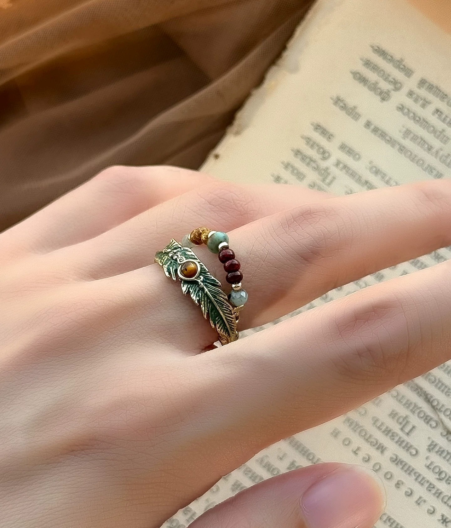 Exotic Ethnic Green Feather Tassel Adjustable Ring | Vintage Gold Bohemian Statement Ring