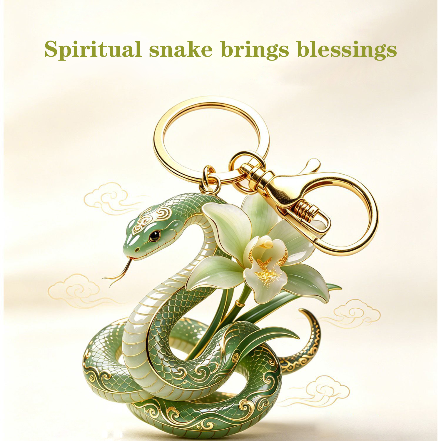 Green Jade Snake & Orchid Metal Keychain, Vintage Chinese Style Bag Charm, Spiritual Serpent Pendant Gift for Her