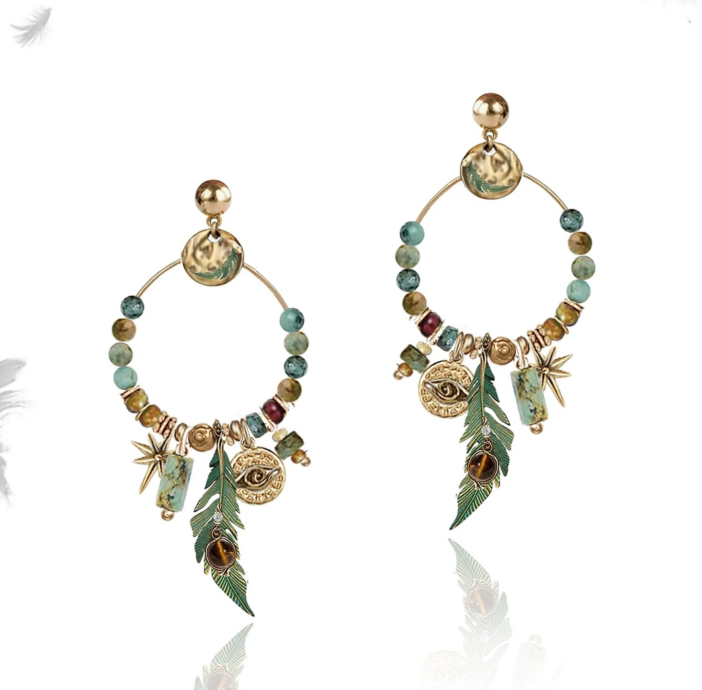 Ethnic Tribal Green Feather Beaded Hoop Earrings | Vintage Gold Boho Statement Drop Earrings