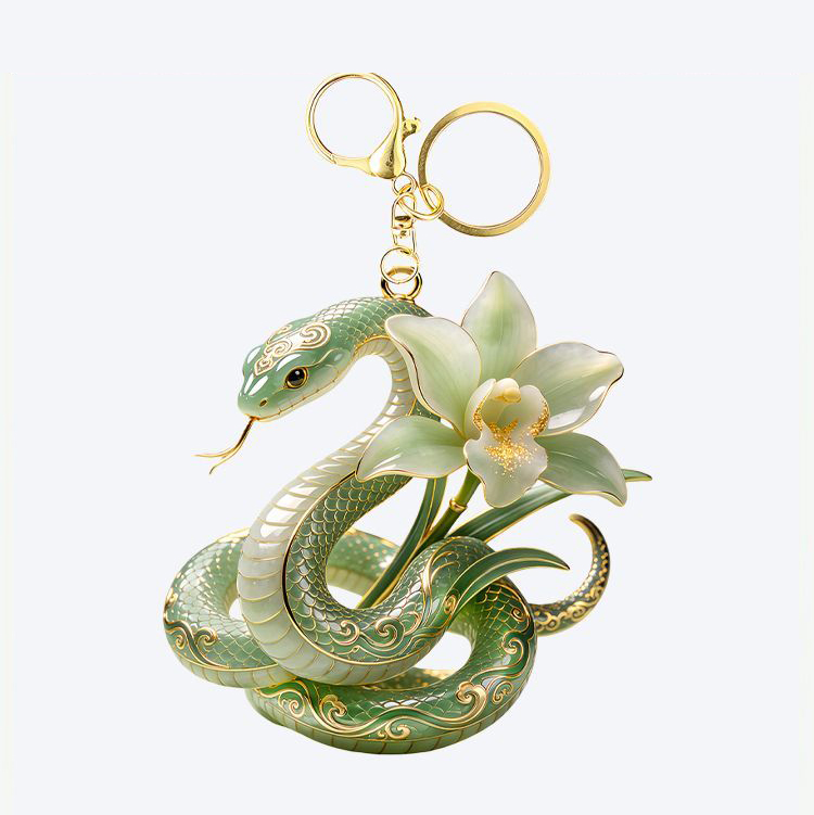 Green Jade Snake & Orchid Metal Keychain, Vintage Chinese Style Bag Charm, Spiritual Serpent Pendant Gift for Her
