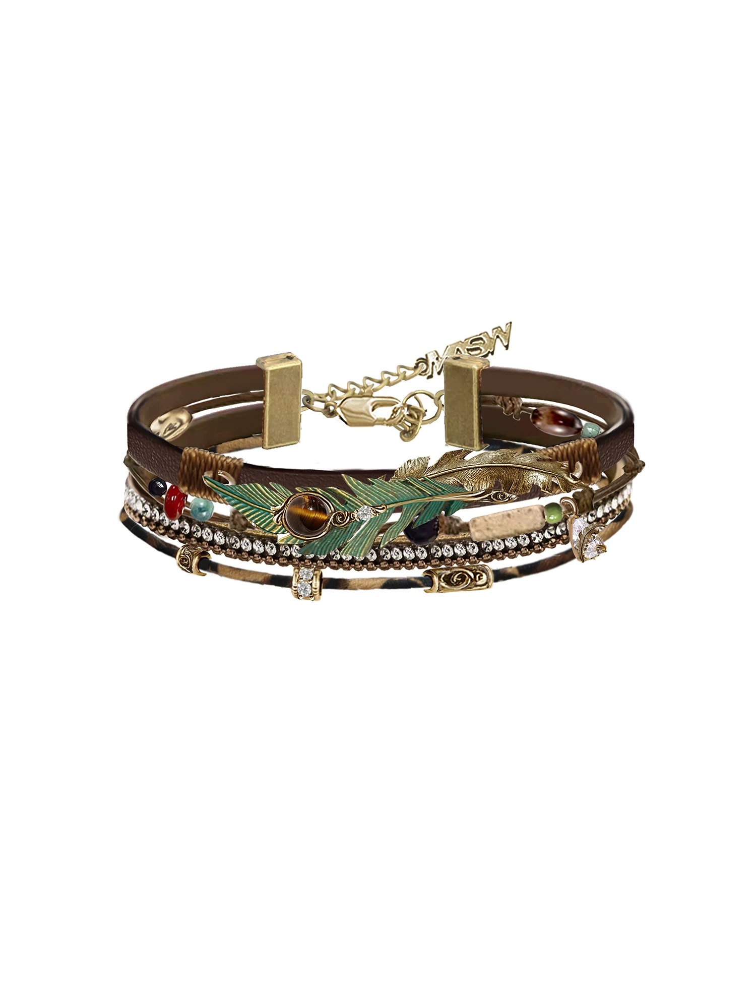 Vintage Gold Peacock Feather Multi-Layer Leather Bracelet | Original Boho Light Luxury Stackable Bracelet