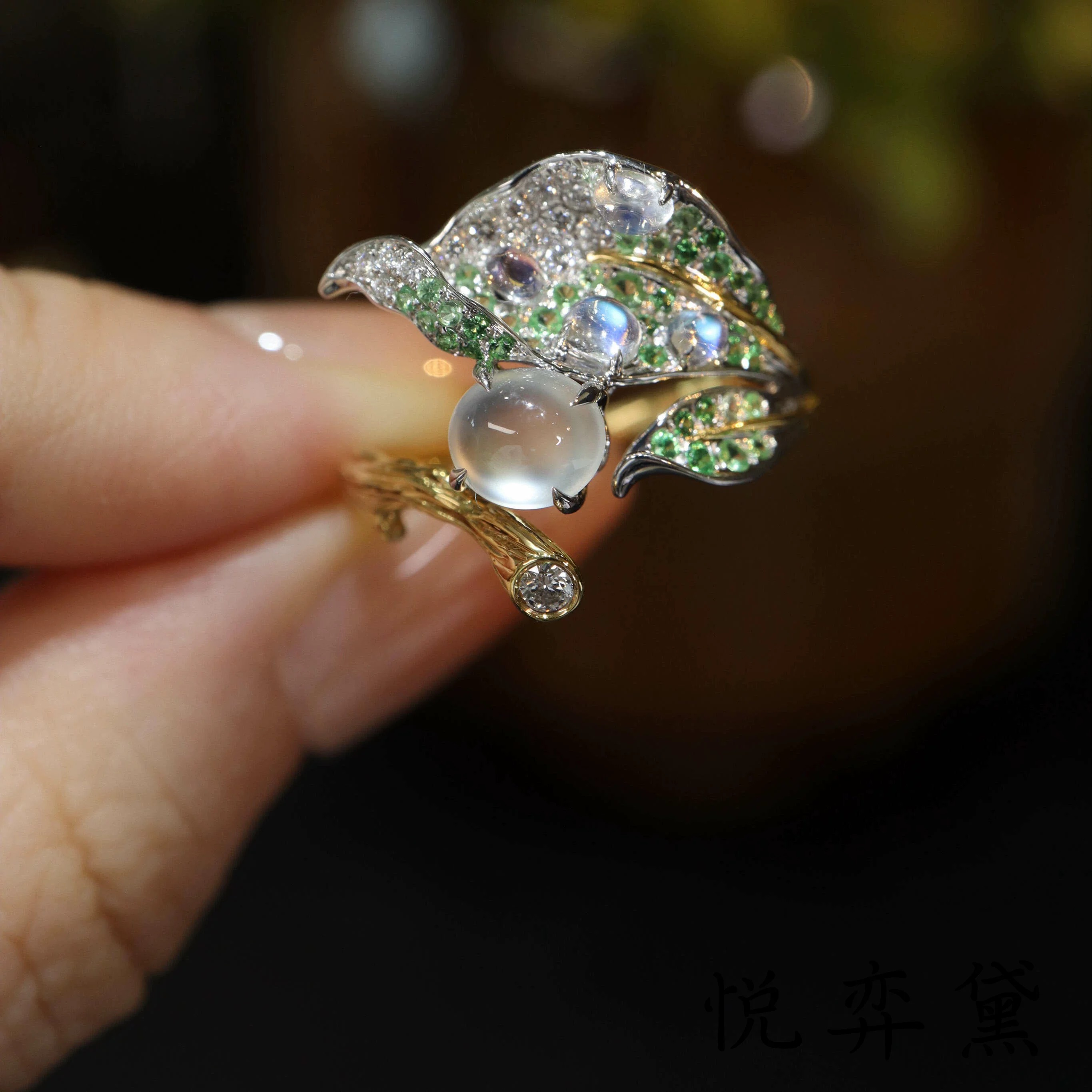 Two-Tone Gold Perched Bird Moonstone Open Ring | Forest Style Colorful Gemstone Leaf Statement Ring