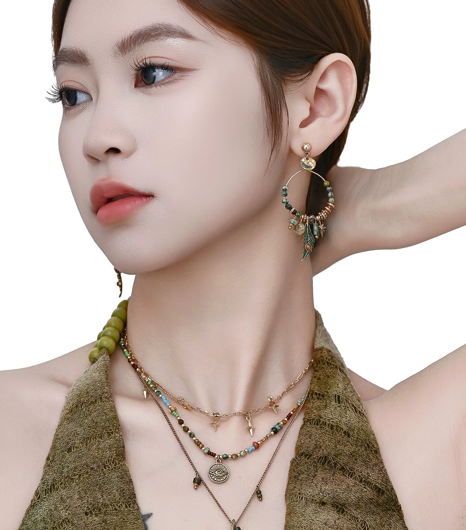 Ethnic Tribal Green Feather Beaded Hoop Earrings | Vintage Gold Boho Statement Drop Earrings