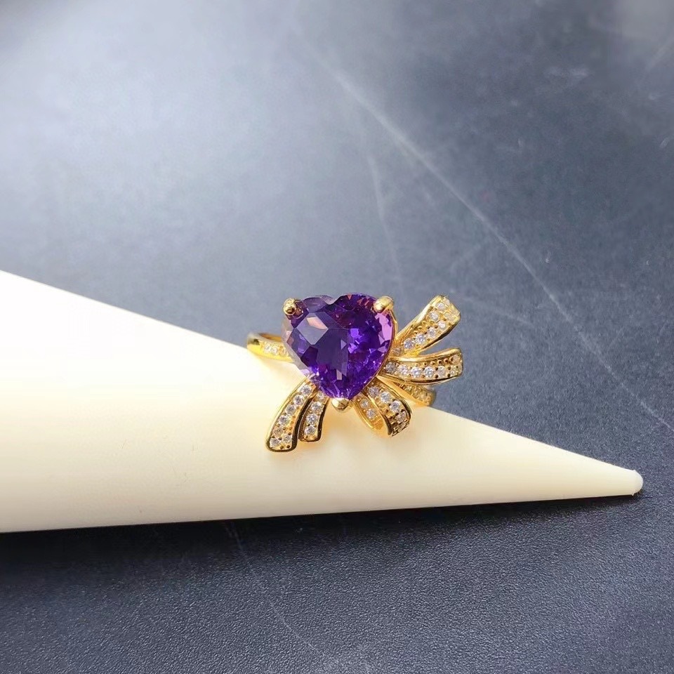 Heart Natural Amethyst Ring, S925 Sterling Silver Gold Plated Adjustable Open Ring