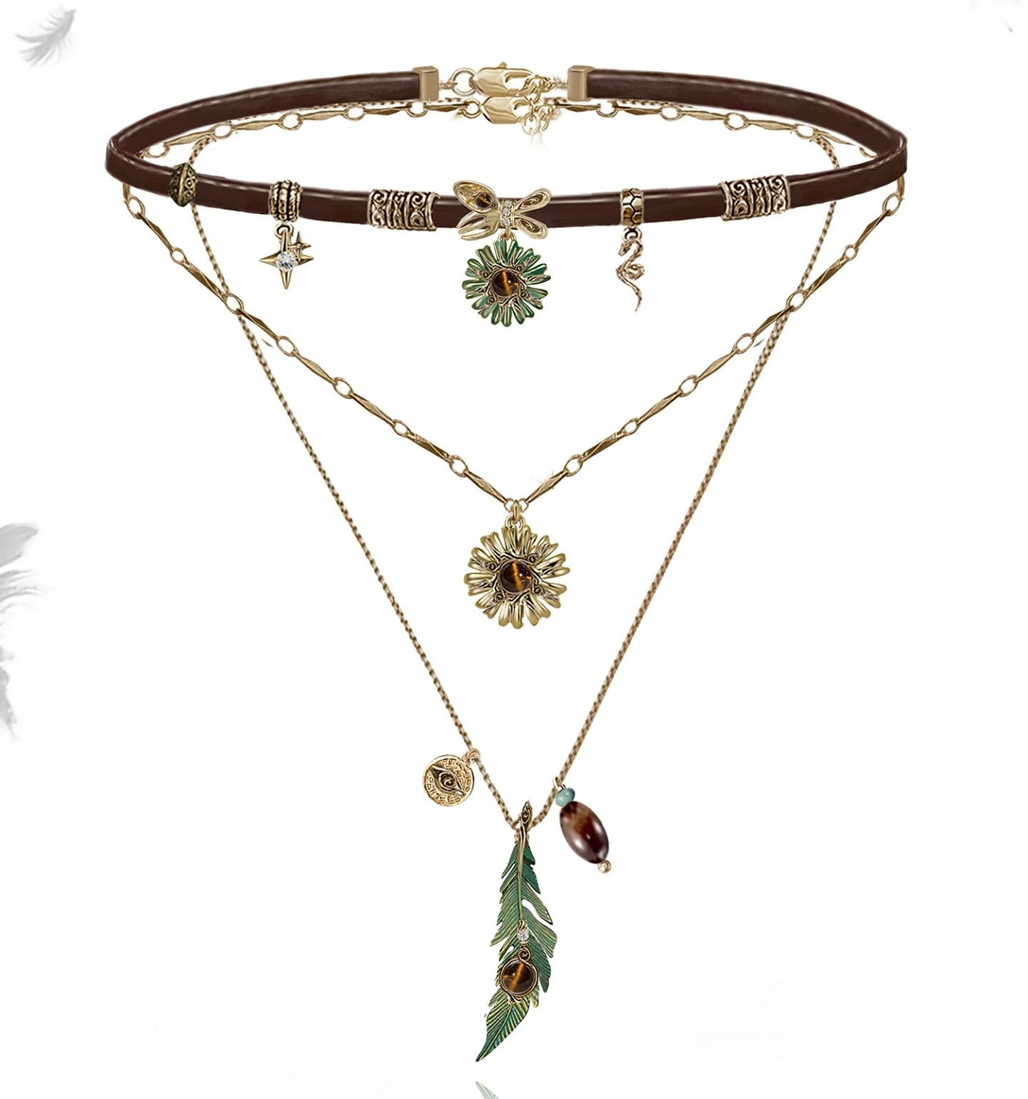 Ethnic Vintage Green Feather Multi-Layer Leather Choker Necklace | Maillard Boho Tiger's Eye Layered Necklace
