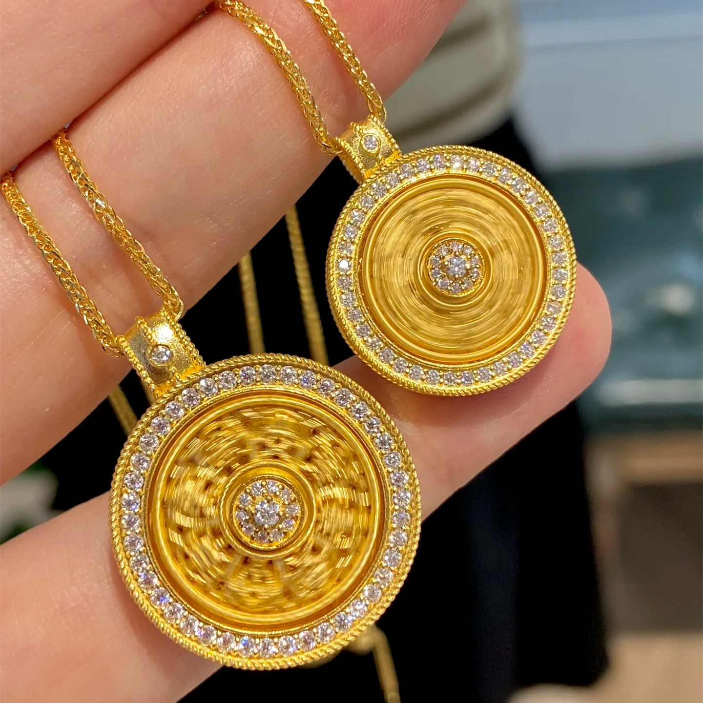 Rotatable 8 Treasures Compass Pendant Necklace, Silver Gold Plated with Moissanite, Vintage  Amulet Jewelry