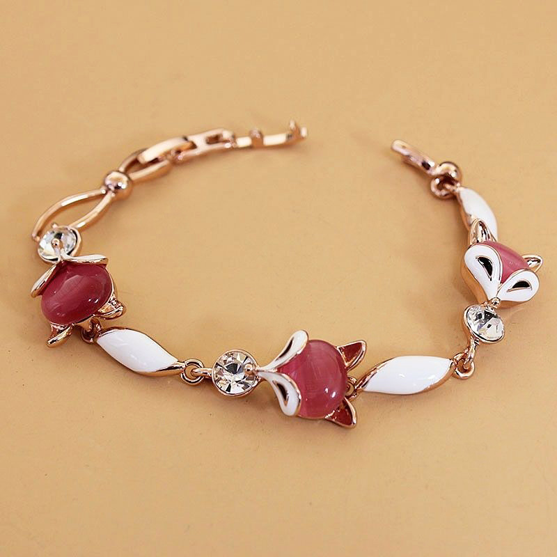 Rose Gold Cute Fox Charm Bracelet with Luminous Cat's Eye Stone