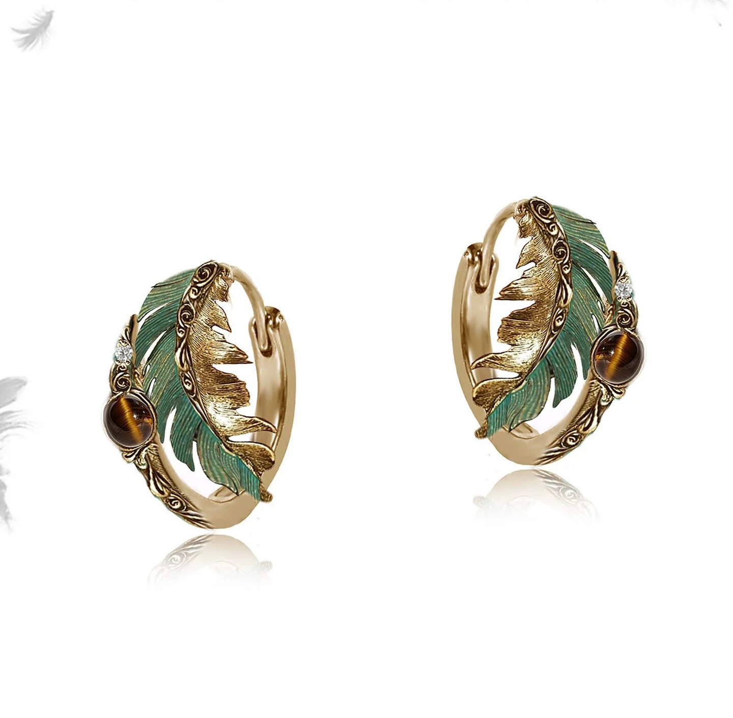 Sweet Cool Green Peacock Feather Hoop Earrings | Original Vintage Gold Mini Statement Ear Cuffs