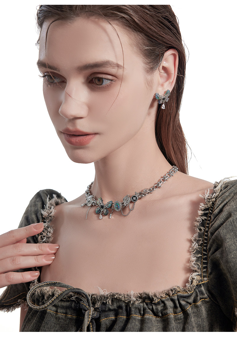 Abalone Shell Butterfly Multi-Charm Choker Necklace | Vintage Silver Light Luxury Designer Collar Necklace