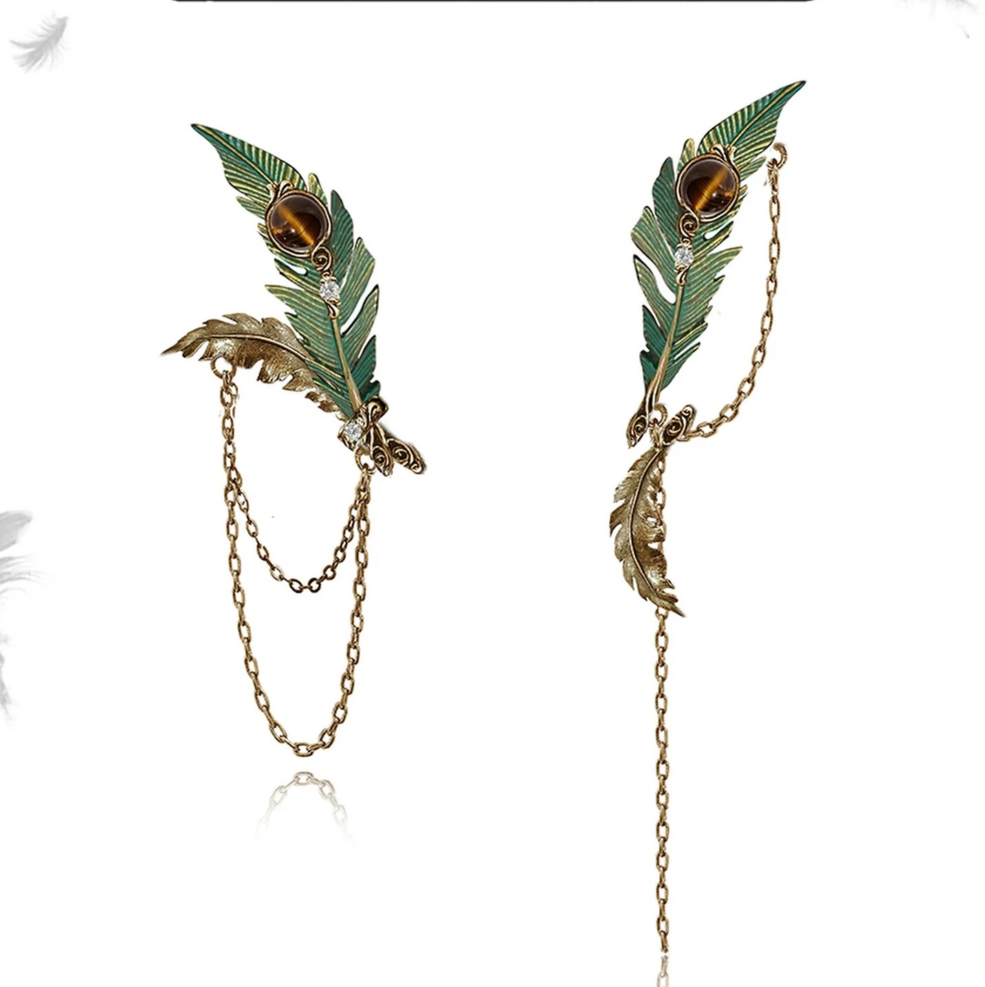 Asymmetric Green Feather Chain Tassel Drop Earrings | Vintage Gold Tiger's Eye Statement Earrings
