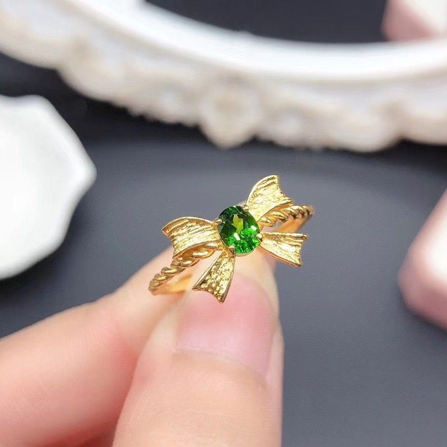 Natural Garnet & Green Diopside Bow Knot Ring, S925 Sterling Silver Gold Plated Adjustable Ring