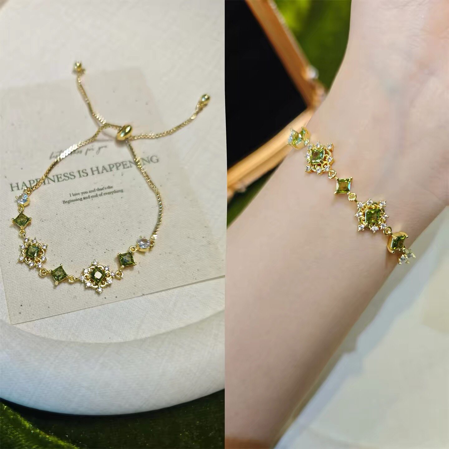 Vintage French Olive Green Zircon Open Stackable Adjustable Ring For Women