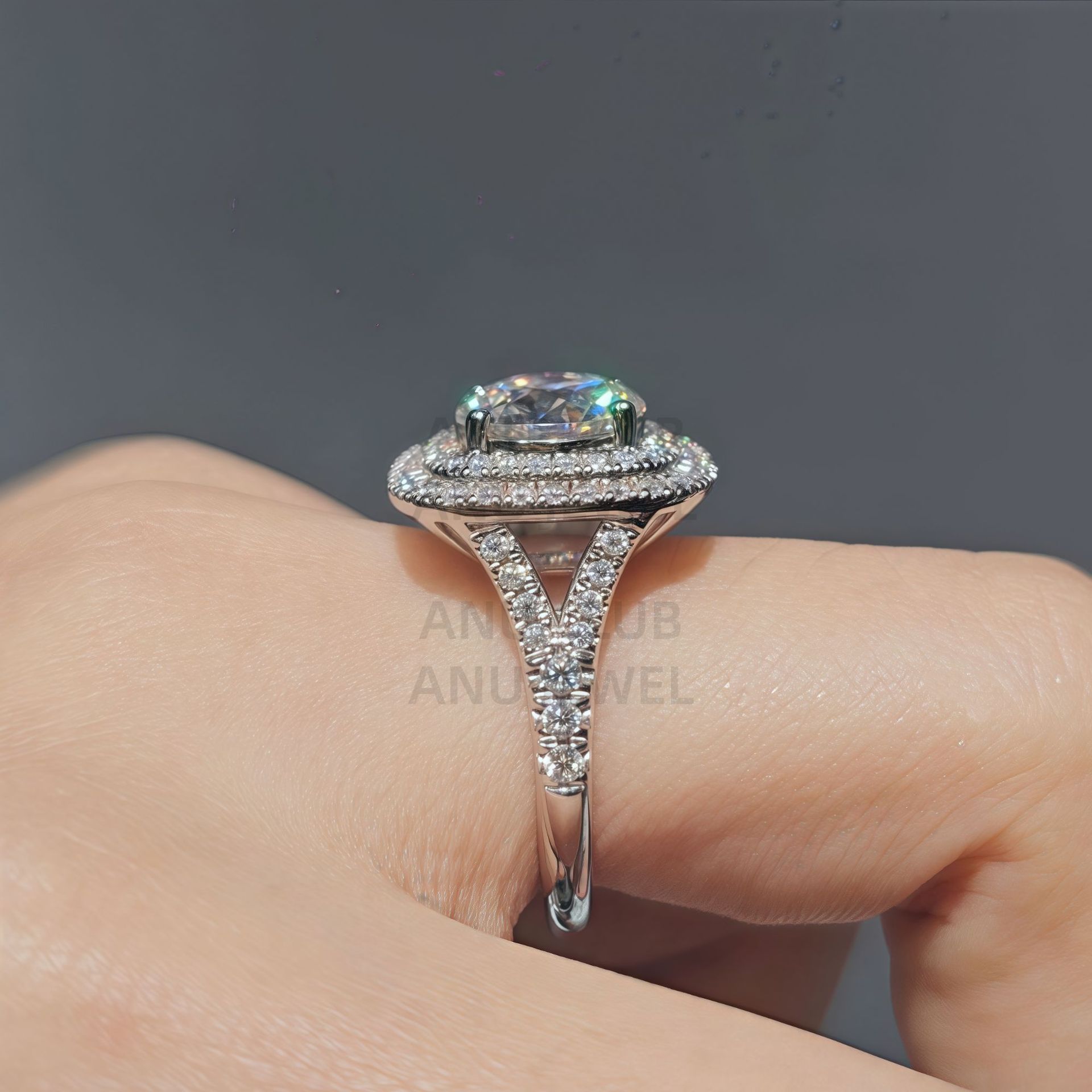 Moissanite Halo Engagement Ring, S925 Sterling Silver Square Double Halo Wedding Ring