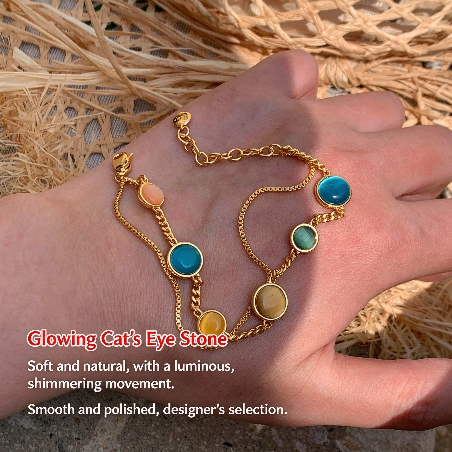 Colorful Double-Layer Cat's Eye Bracelet | Dopamine-Style Stackable Gold-Plated Bracelet