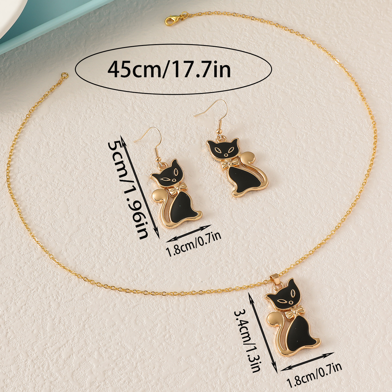Cute Black Cat Enamel Pendant Necklace & Earrings Set Gold Tone Animal Jewelry