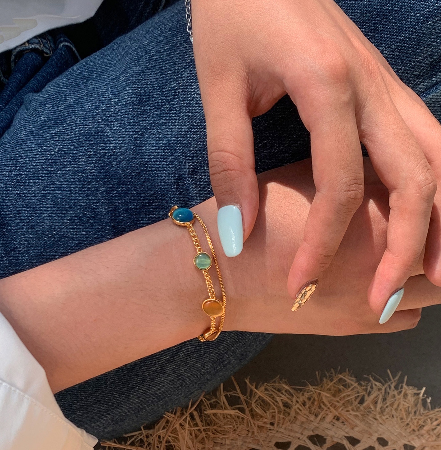 Colorful Double-Layer Cat's Eye Bracelet | Dopamine-Style Stackable Gold-Plated Bracelet