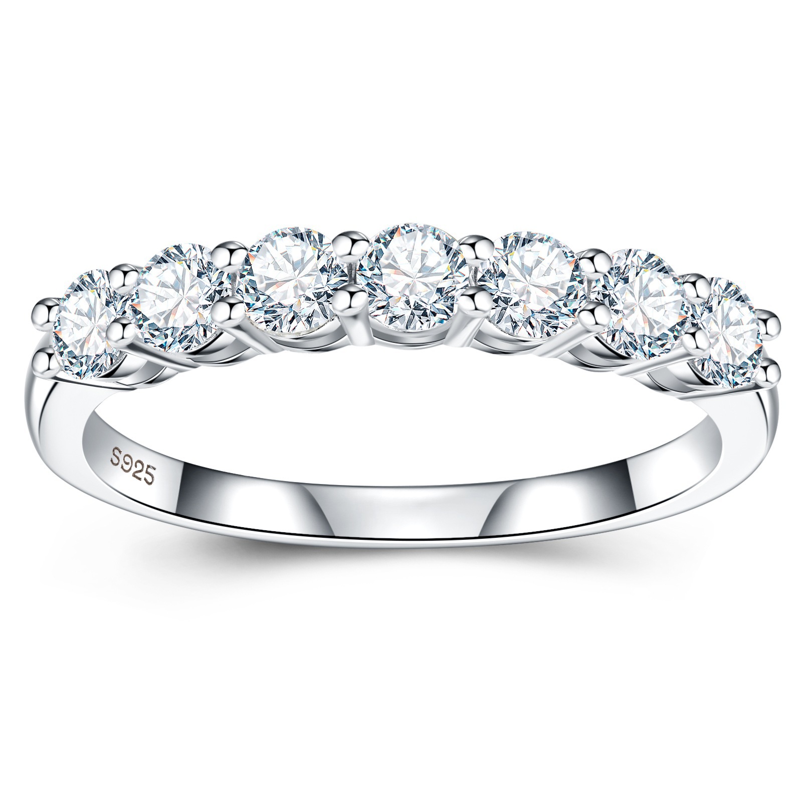 S925 Sterling Silver 7 Stones Moissanite Band Ring, Half Eternity Stackable Ring