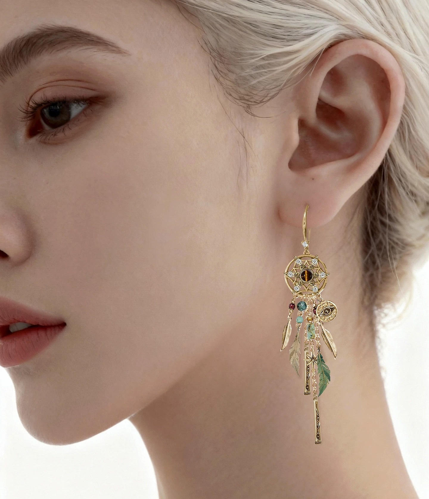 Vintage Dream Catcher Green Feather Drop Earrings | Natural Stone Bohemian Ethnic Statement Earrings