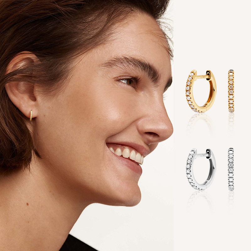 S925 Silver Huggie Hoop Earrings with Paved Stones