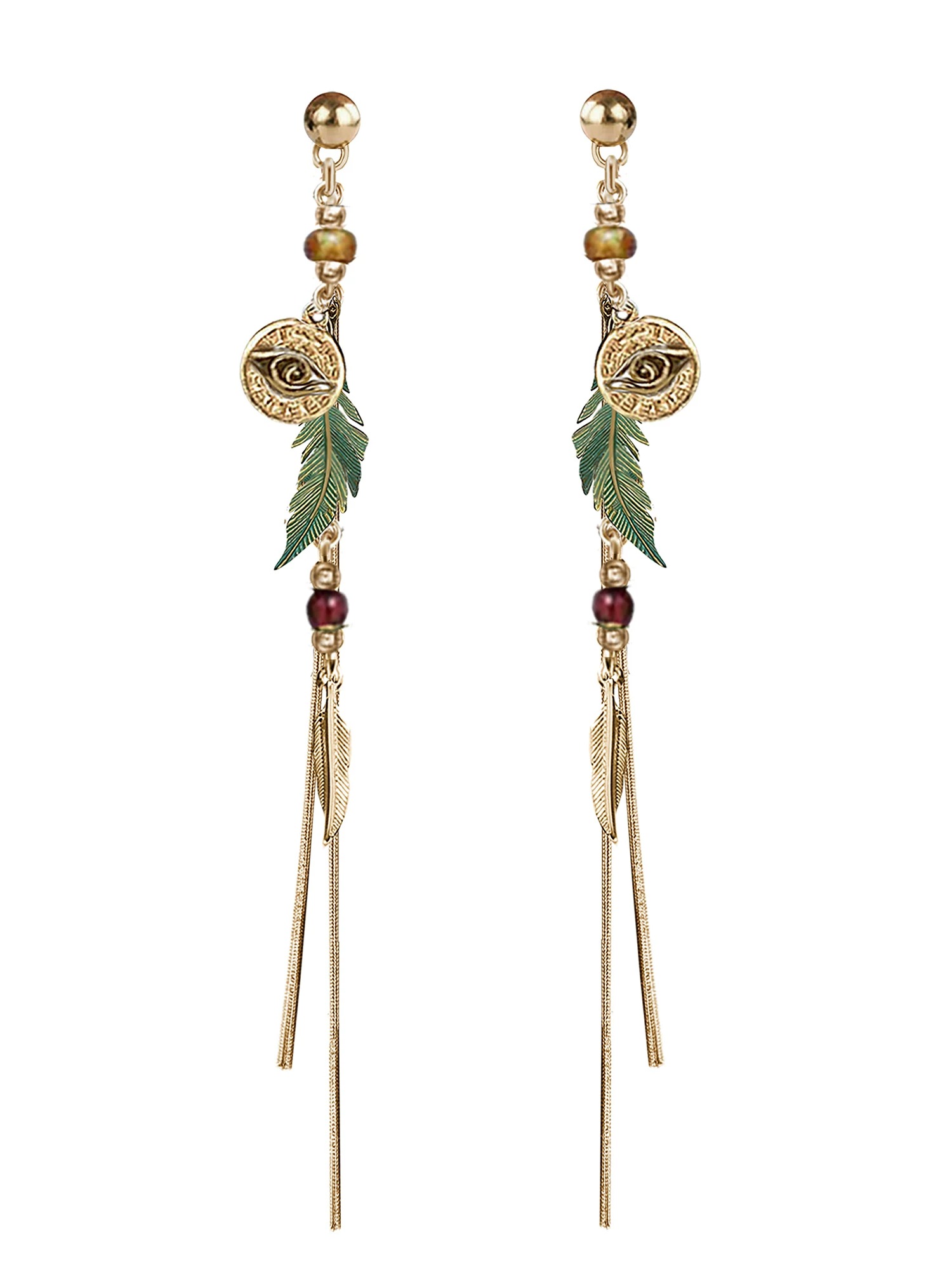 Asymmetric Bohemian Green Feather Evil Eye Tassel Drop Earrings | Vintage Gold Artistic Ethnic Long Earrings