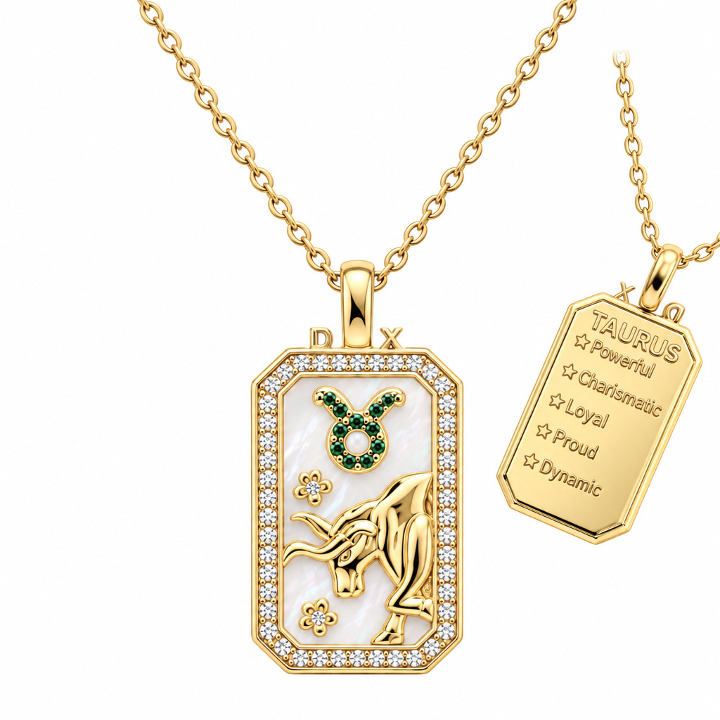 12 Zodiac Sign Rectangular Tag Necklace, Gold Plated Shell Inlay Zircon Pendant Necklace