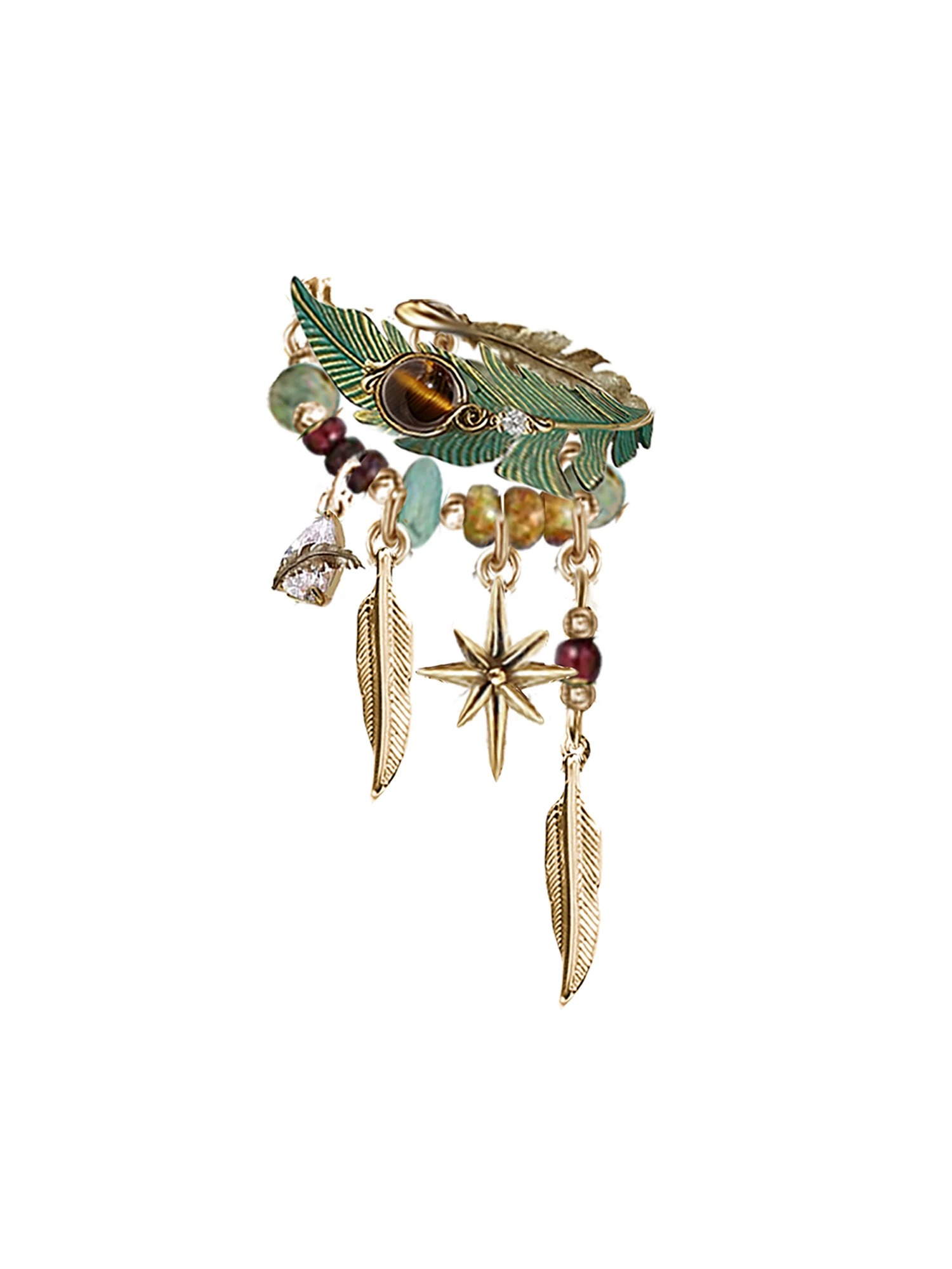 Ethnic Tribal Green Enamel Feather Ear Cuff | Vintage Gold Tassel No-Piercing Statement Earring