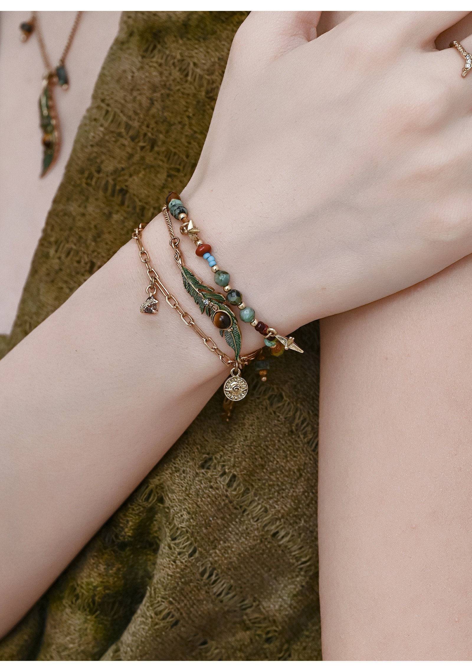 Vintage Enamel Feather Tiger's Eye Beaded Bracelet | Original Exotic Bohemian Layered Bracelet