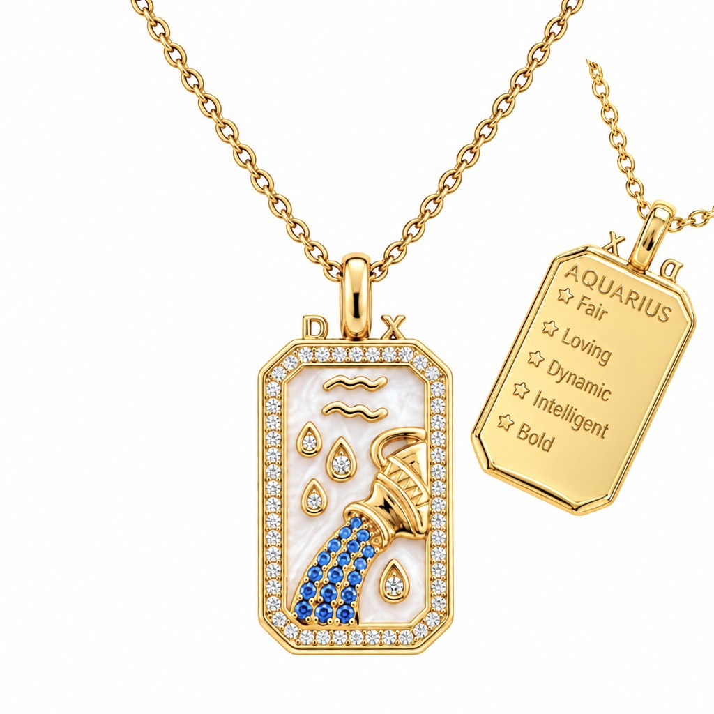 12 Zodiac Sign Rectangular Tag Necklace, Gold Plated Shell Inlay Zircon Pendant Necklace