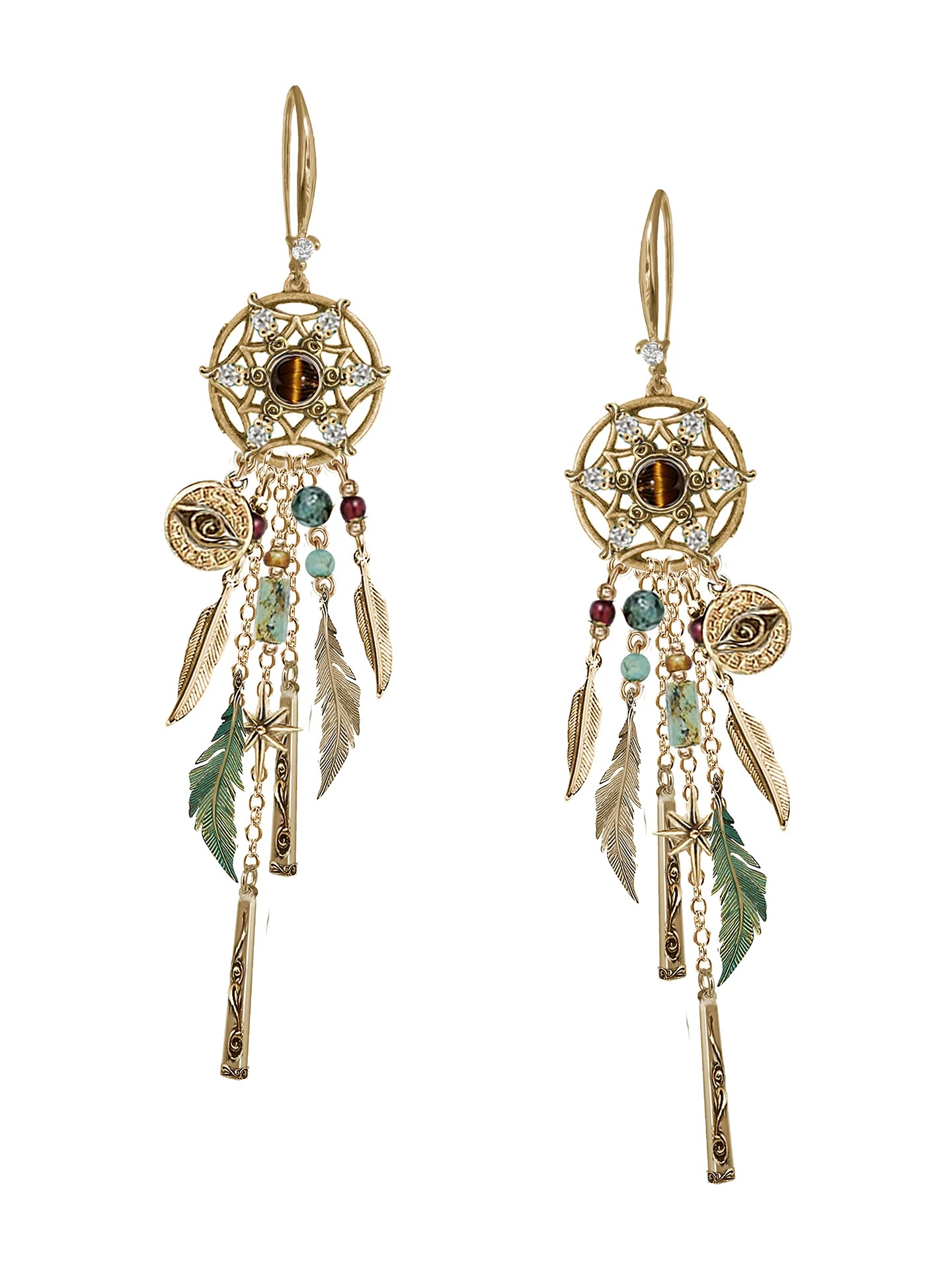 Vintage Dream Catcher Green Feather Drop Earrings | Natural Stone Bohemian Ethnic Statement Earrings