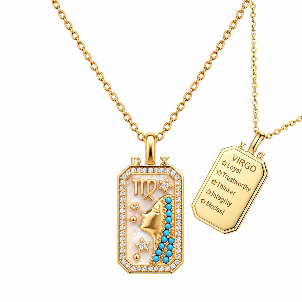12 Zodiac Sign Rectangular Tag Necklace, Gold Plated Shell Inlay Zircon Pendant Necklace