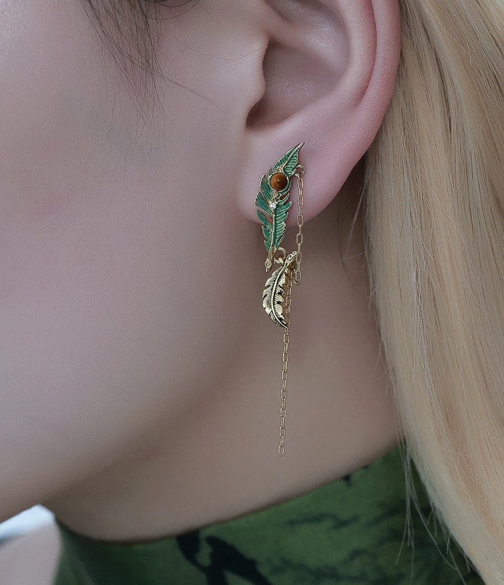 Asymmetric Green Feather Chain Tassel Drop Earrings | Vintage Gold Tiger's Eye Statement Earrings