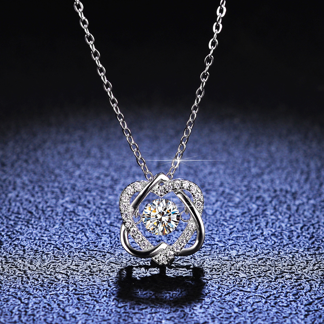 S925 Silver Dancing Moissanite Necklace, Intertwined Hollow Floral Pendant Adjustable Clavicle Chain
