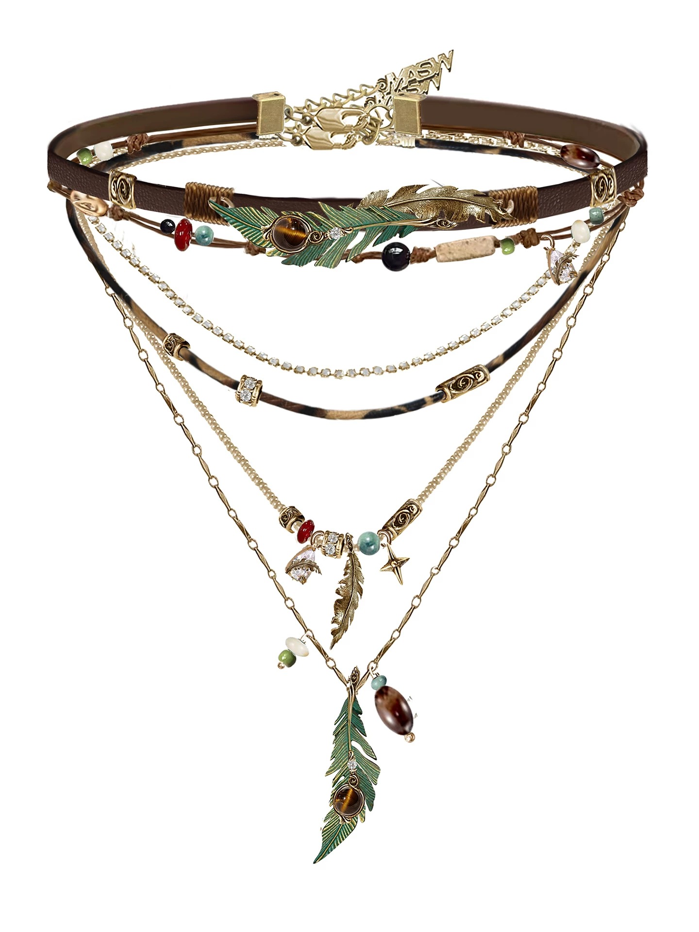 Bohemian Wasteland Multi-Layer Green Feather Necklace | Maillard Leather Choker Layered Necklace