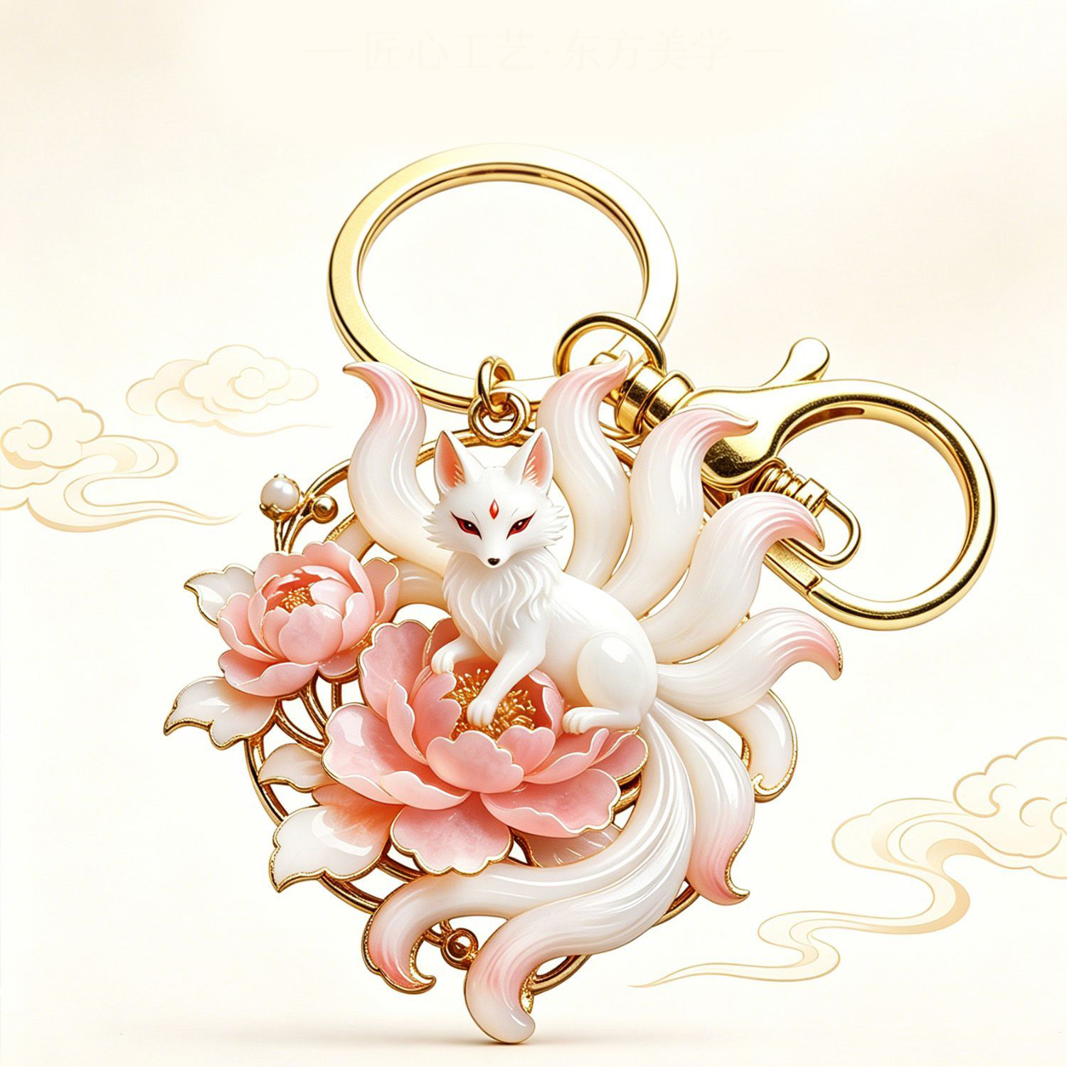Nine Tailed Fox & Peony Spiritual Charm Keychain | Love Attraction & Good Fortune Bag Adornment