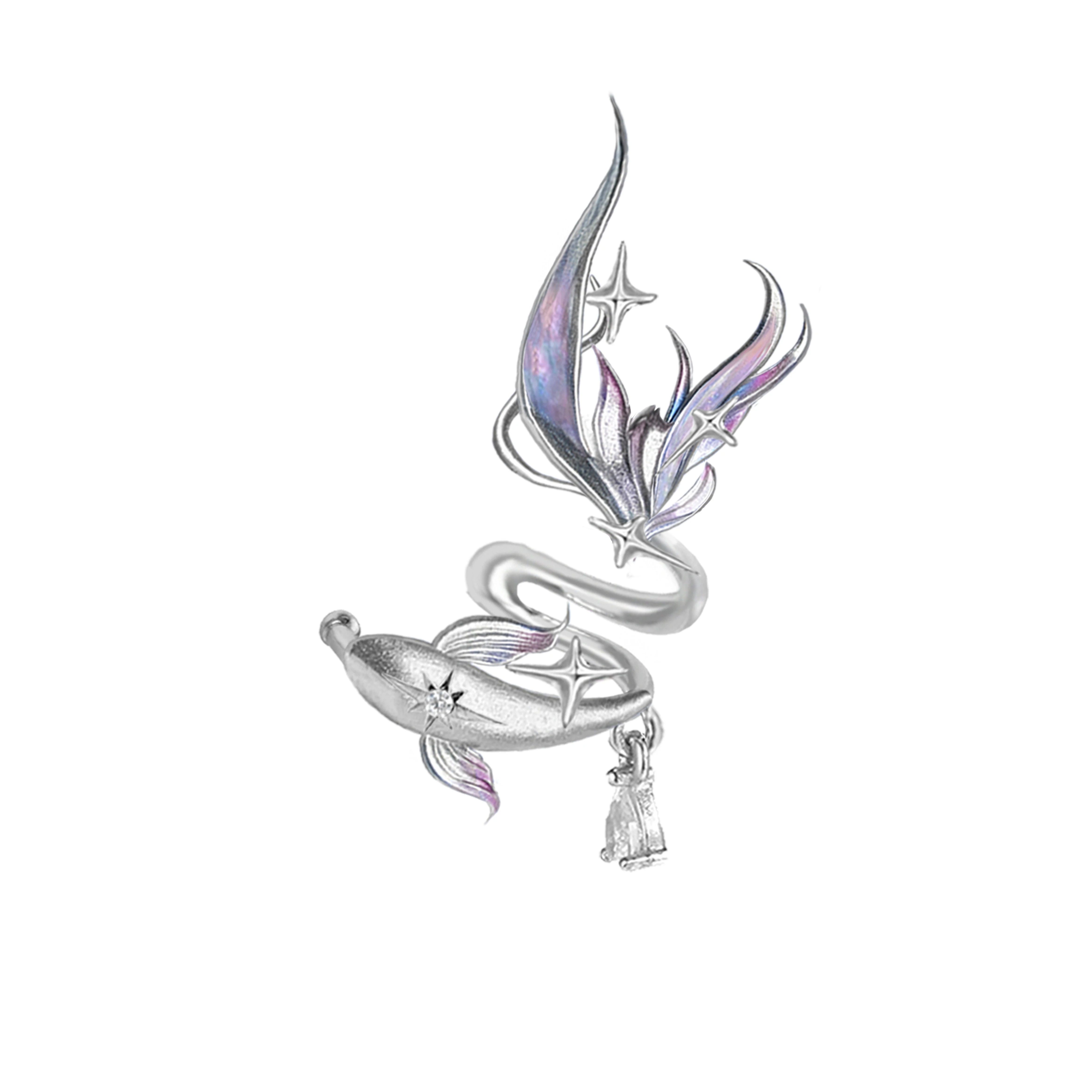 Deep Sea Legend Gradient Enamel Fish Tail Ear Cuff | No-Piercing Fairy Ocean Silver Cartilage Earring
