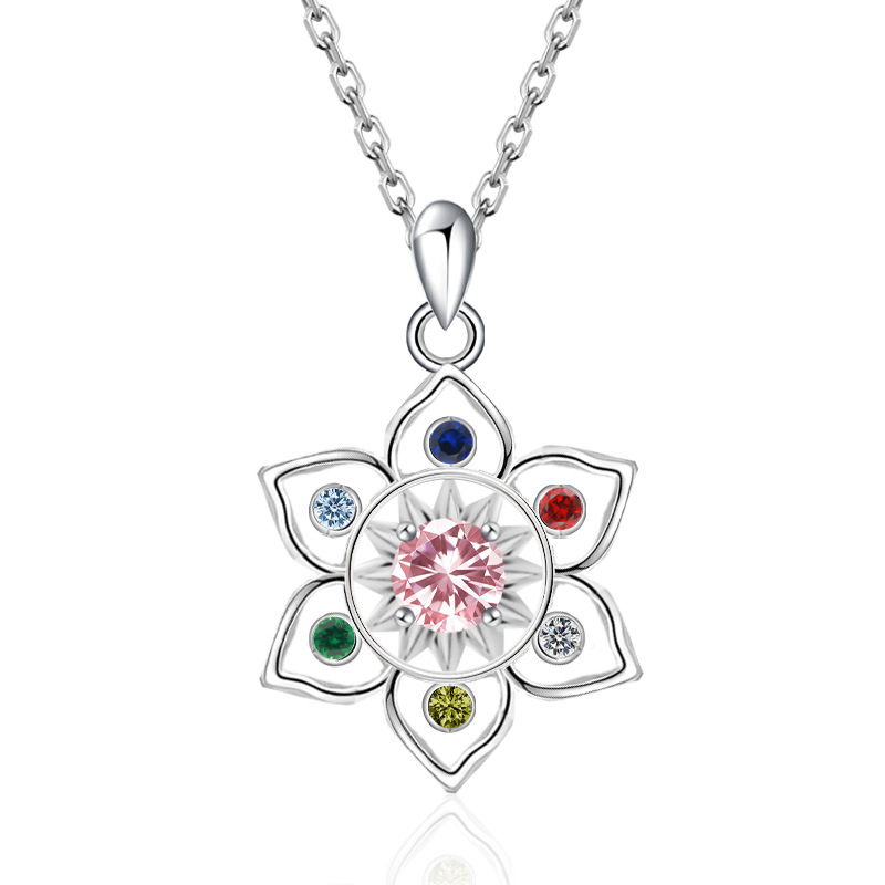 S925 Sterling Silver Chakra Lotus Birthstone Necklace