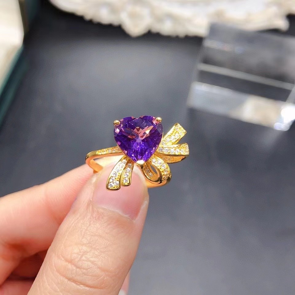 Heart Natural Amethyst Ring, S925 Sterling Silver Gold Plated Adjustable Open Ring
